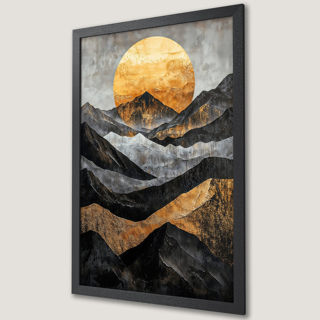 Framed Poster: Abstract mountain landscape art print with gold, black, and gray color palette. Modern wall decor for your home.