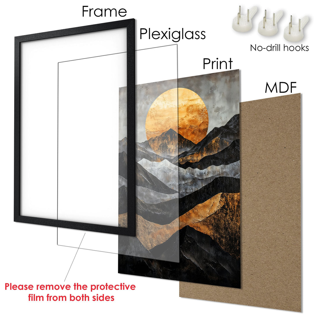 Framed Poster featuring a mountain landscape in a modern style with a warm gold and black color palette. Perfect wall art!