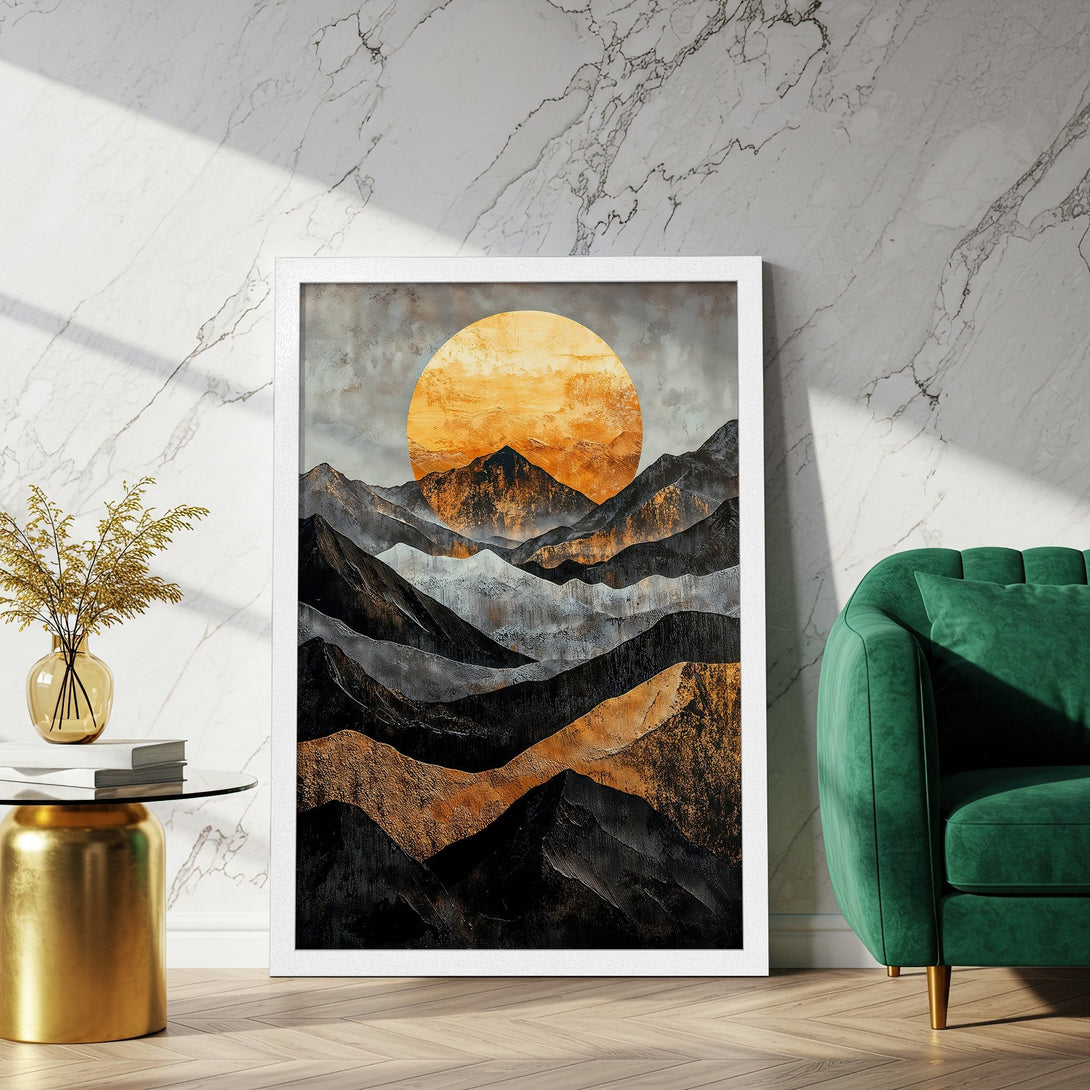 Framed Poster featuring abstract mountain landscape art in a warm, earthy color palette. Perfect for modern home decor.