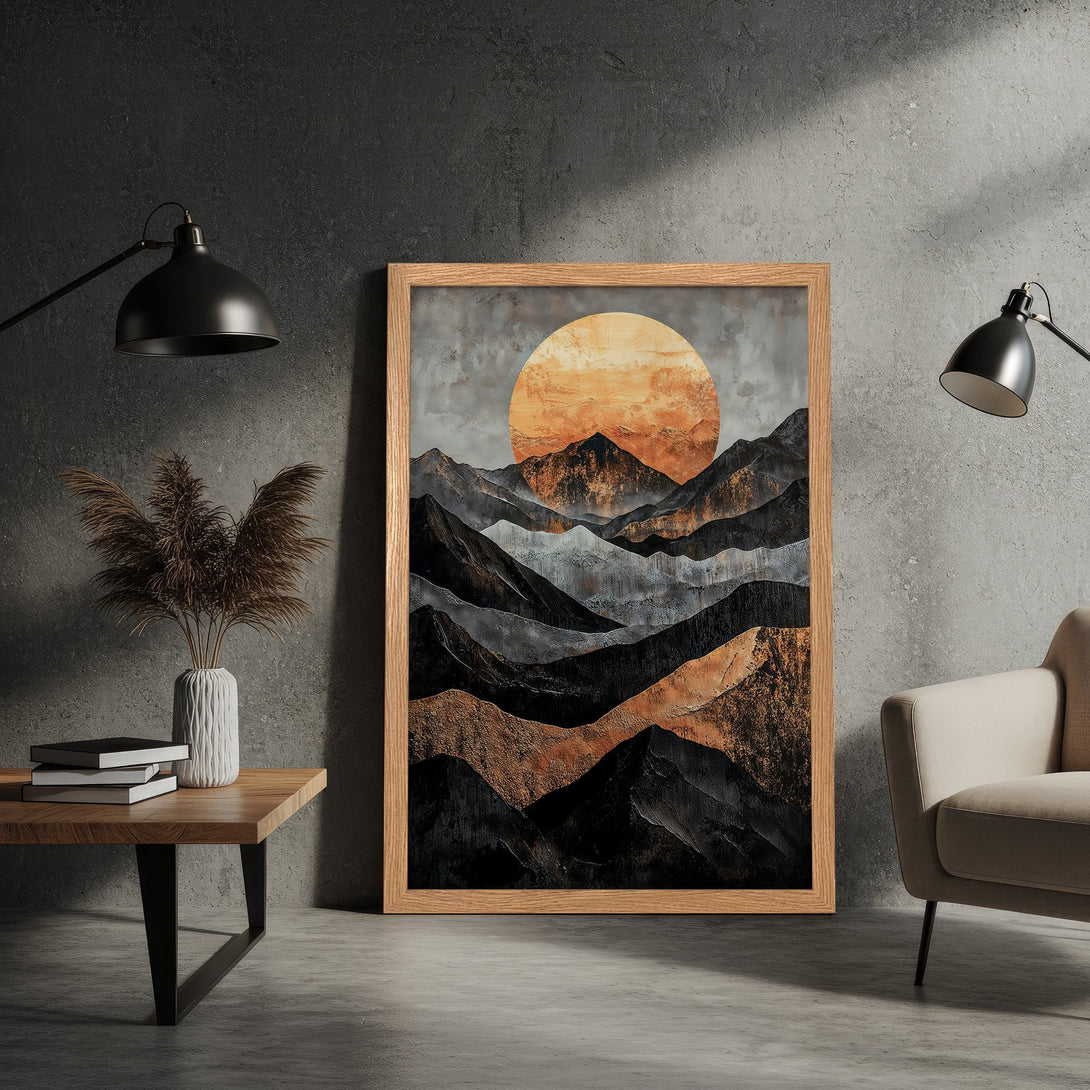 Framed Poster of abstract mountain landscape art. Earthy tones of black, gold, and gray. Modern wall decor for any space.
