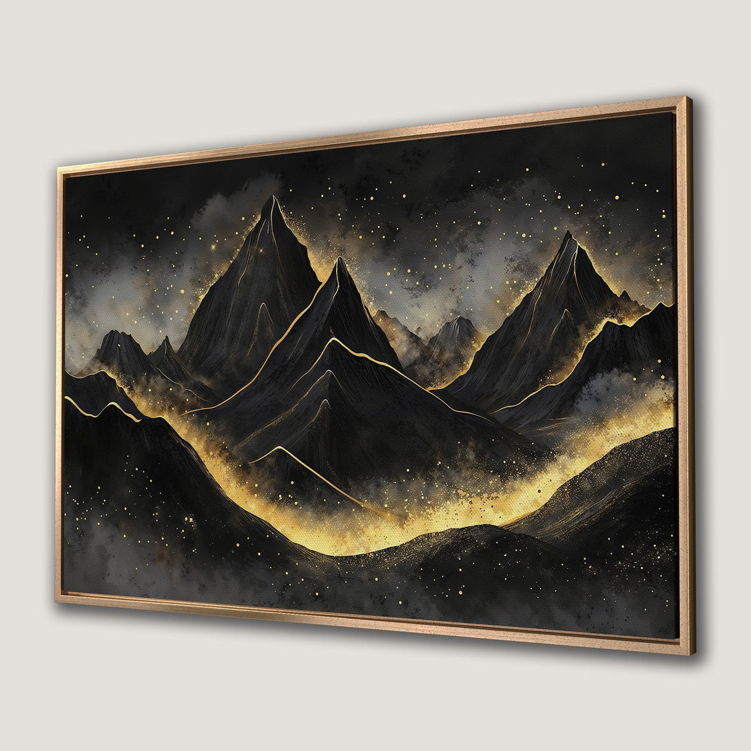 Framed Wall Art: Abstract mountain landscape in black & gold. Modern canvas print with a luxurious, celestial feel. Perfect for home decor.