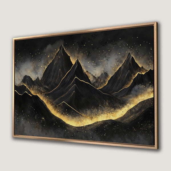 Framed Wall Art: Abstract mountain landscape in black & gold. Modern canvas print with a luxurious, celestial feel. Perfect for home decor.