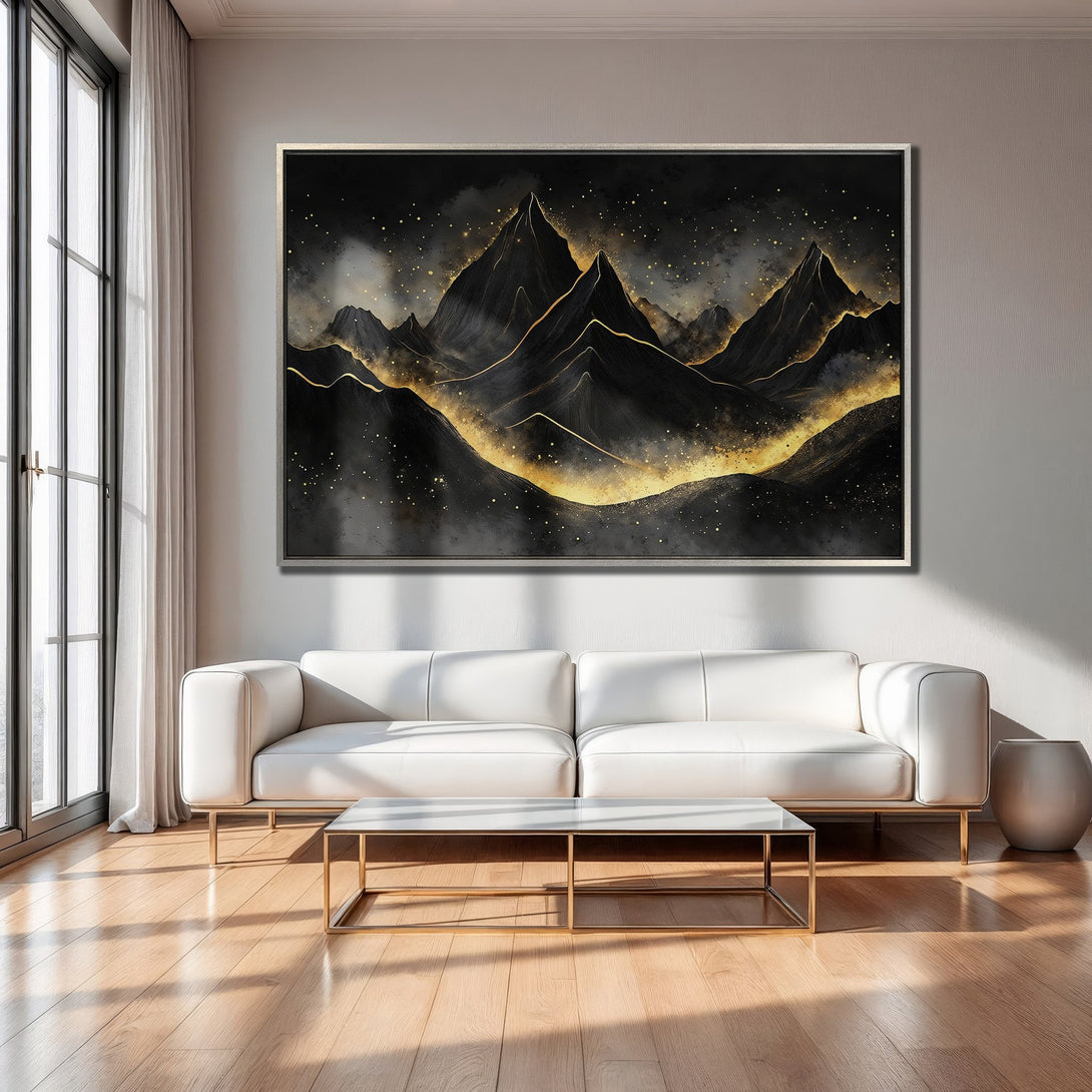 Framed Wall Art: Abstract mountain landscape in black and gold. Modern art Canvas Print for luxurious home decor.