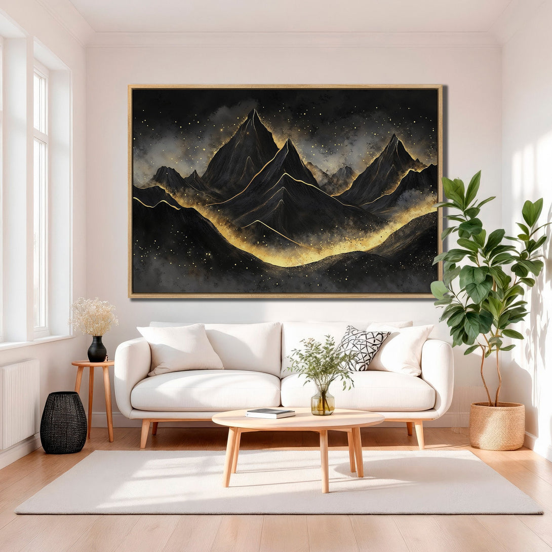 Framed Wall Art featuring a stunning abstract mountain landscape in black and gold. Elevate your space with this modern, stylish Canvas Print.