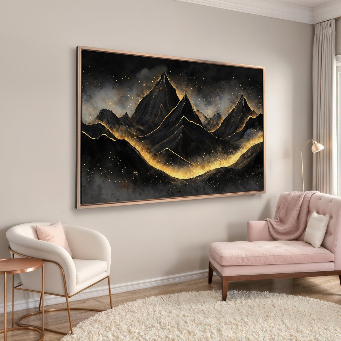 Framed Wall Art of a mountain landscape in black and gold. Dramatic, modern style canvas print with a neutral color palette.