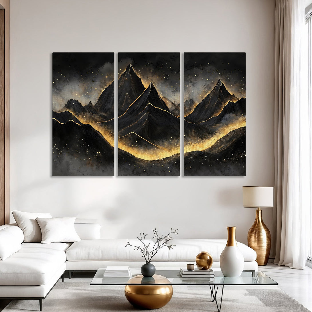 Canvas Print of abstract mountain landscape in black and gold. Modern wall art with a luxurious, elegant color palette.