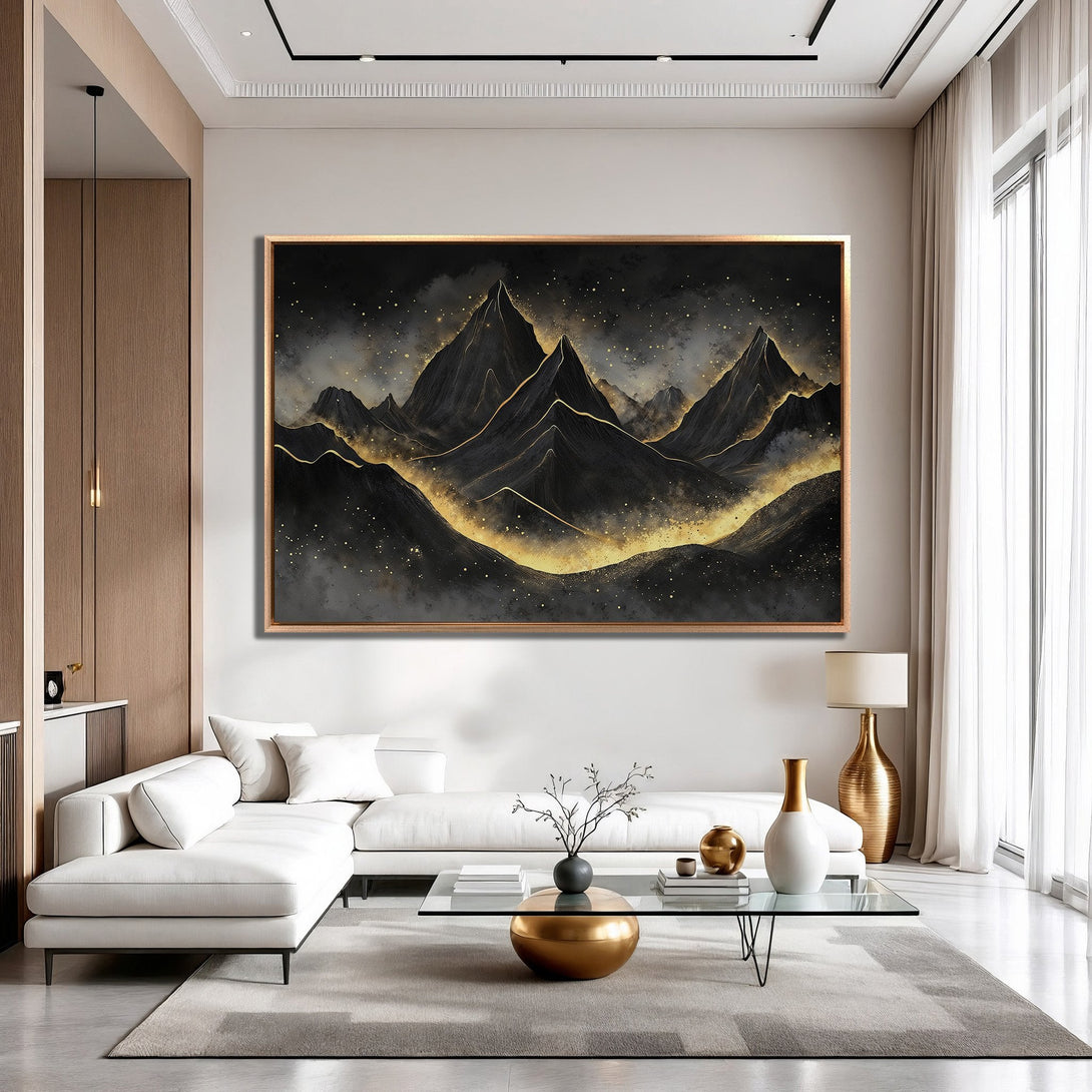 Framed Wall Art: Abstract mountain landscape Canvas Print in black, gold, and gray tones. Modern art to elevate your living room decor.
