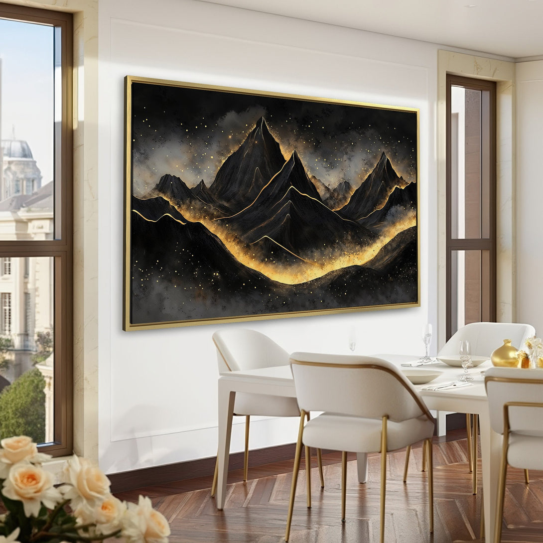 Canvas Print of a black and gold mountain landscape, perfect for adding a touch of elegance to your home or office. Modern art with a dark, luxurious palette.