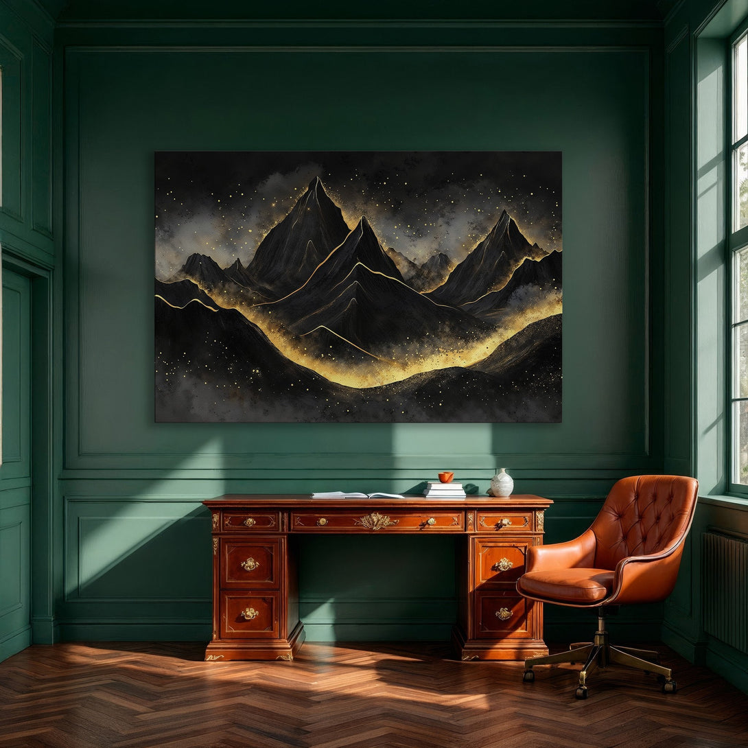 Framed Wall Art: Abstract mountain landscape Canvas Print in black and gold. Modern art decor with a luxurious, warm color palette.