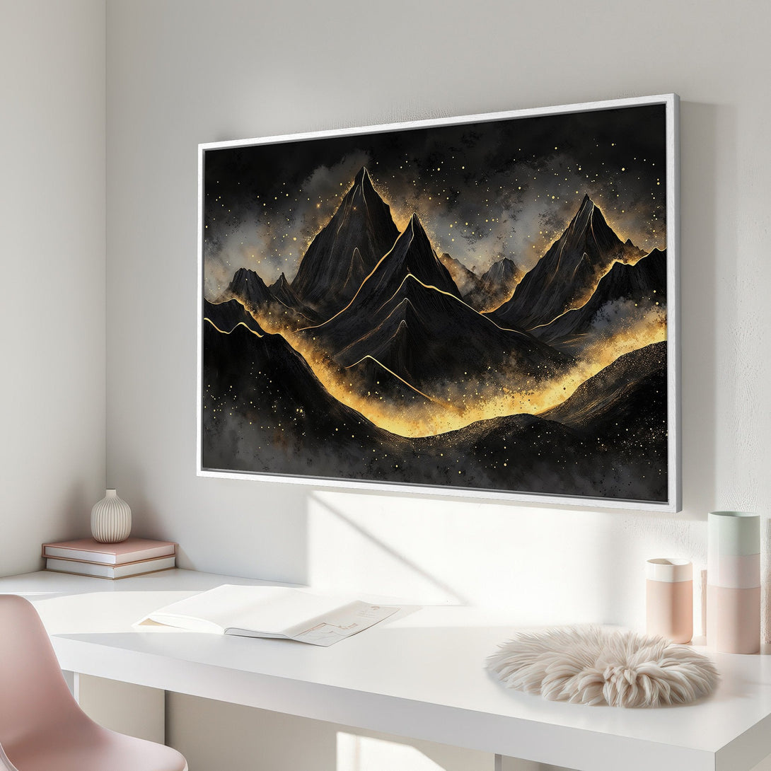 Framed Wall Art: Abstract mountain landscape in black and gold. Modern canvas print with a dramatic, moody aesthetic for home decor.