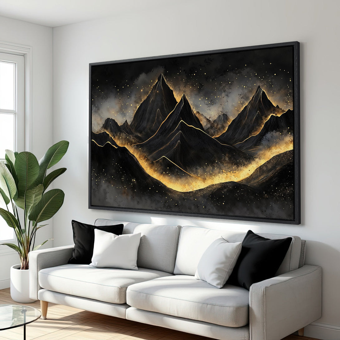 Framed Wall Art: Abstract mountain landscape Canvas Print in black and gold, adding a touch of modern elegance to any interior.