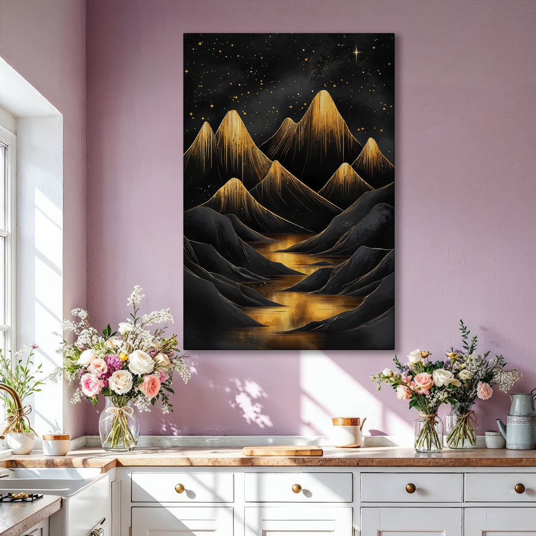 Framed Wall Art: Abstract mountain landscape in gold and black. Modern art Canvas Print, perfect for adding a touch of luxury to your home decor.