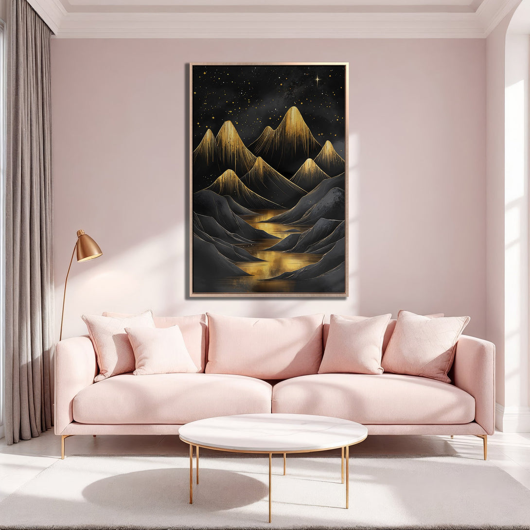 Framed Wall Art of gold and black mountain landscape, perfect for modern home decor. Adds a touch of elegance with its neutral palette.