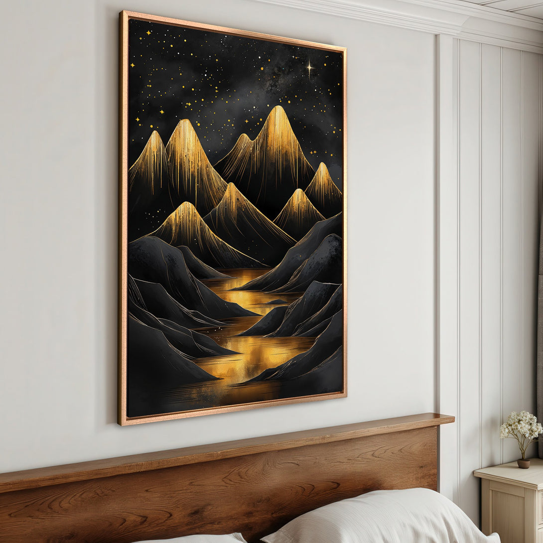 Framed Wall Art: Abstract mountain landscape in black and gold. Modern art Canvas Print with a luxurious, celestial color palette. Perfect for bedroom decor.