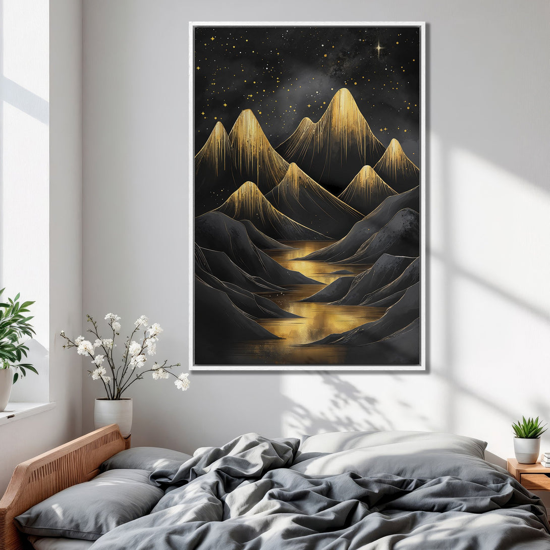 Framed Wall Art: Abstract mountain landscape in black and gold. Modern art canvas print with a celestial theme, perfect for bedroom decor.