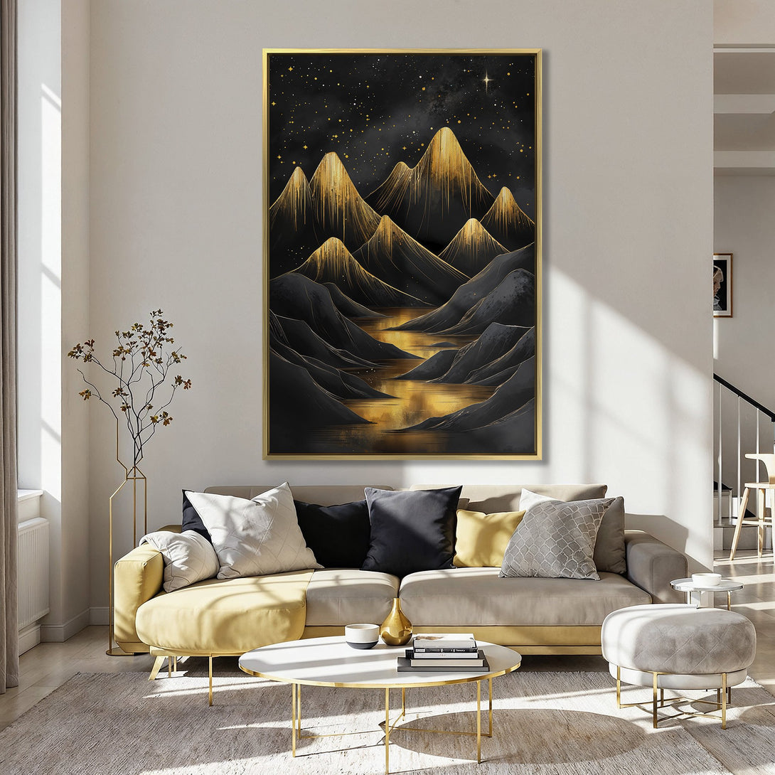 Canvas Print featuring a stylized mountain landscape in black and gold, perfect for adding a touch of elegance to any space.