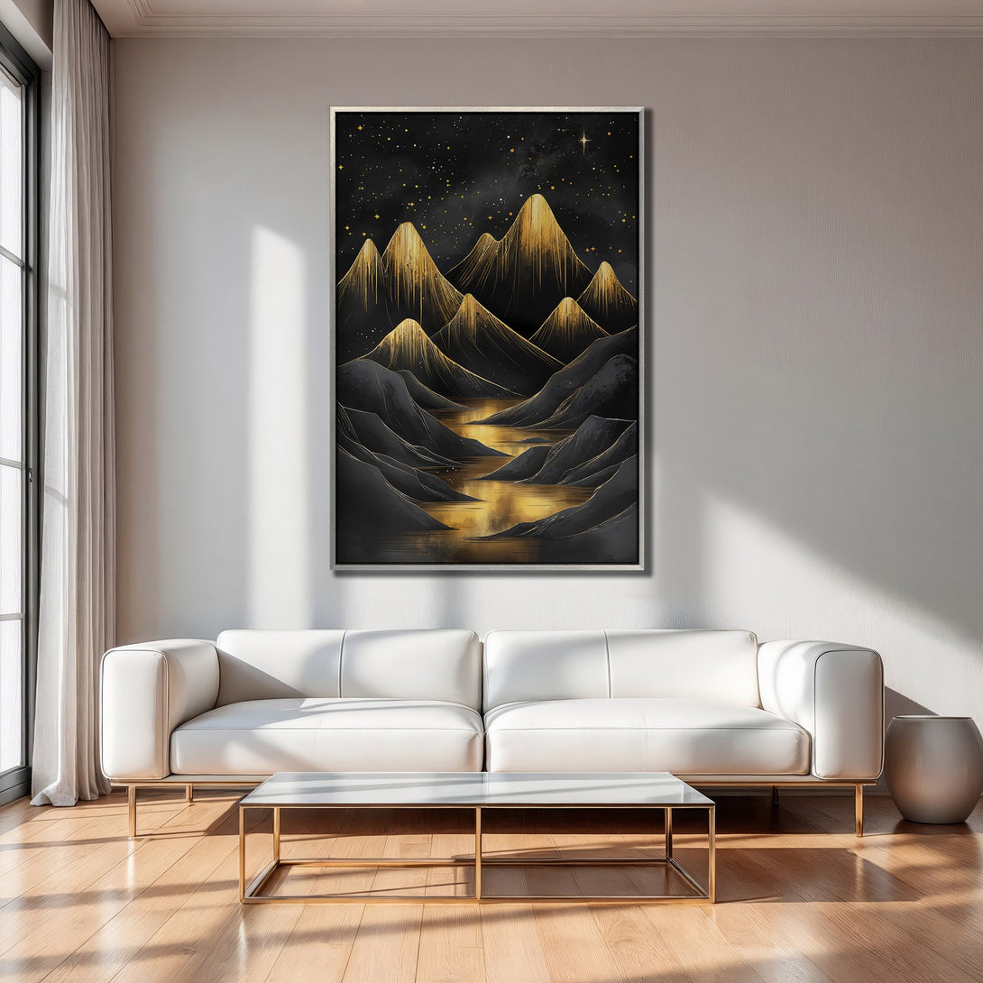 Framed Wall Art featuring a gold and black mountain landscape. Modern art print with a celestial theme, perfect for home decor.