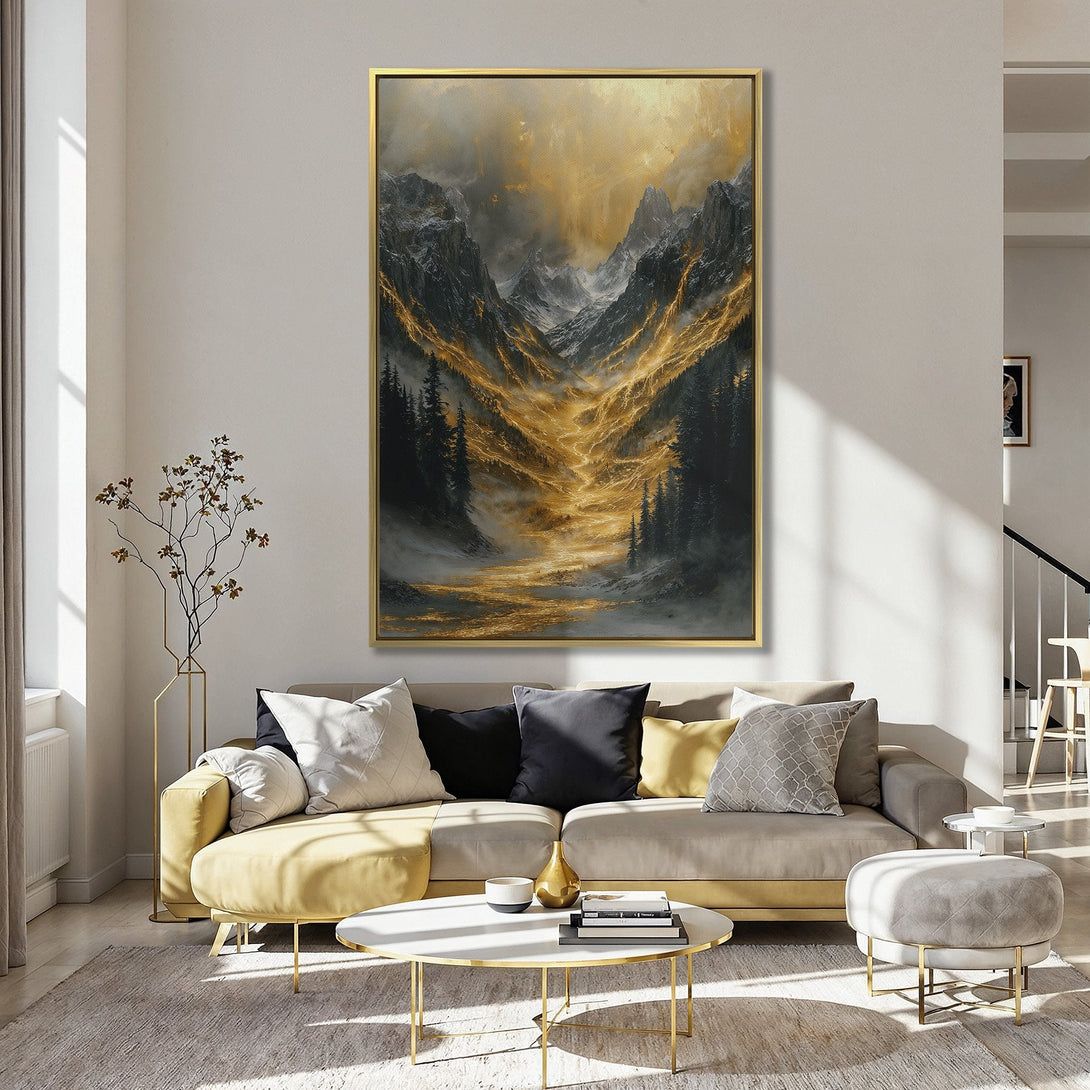 Canvas Print of a majestic mountain landscape with golden light, perfect for adding warmth and style to your home. Featuring a dramatic color palette.