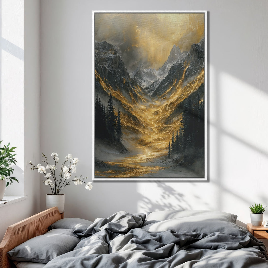 Framed Wall Art featuring a majestic mountain landscape in a moody, painterly style with a gold and grey color palette. Perfect for bedroom decor!
