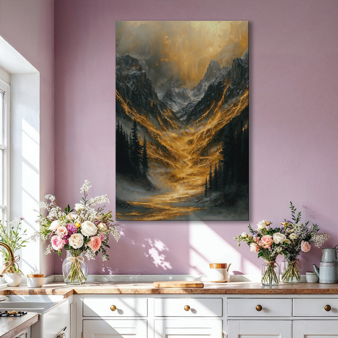 Framed Wall Art featuring a dramatic mountain landscape in a gold and gray color palette, perfect for adding a touch of elegance to any space.