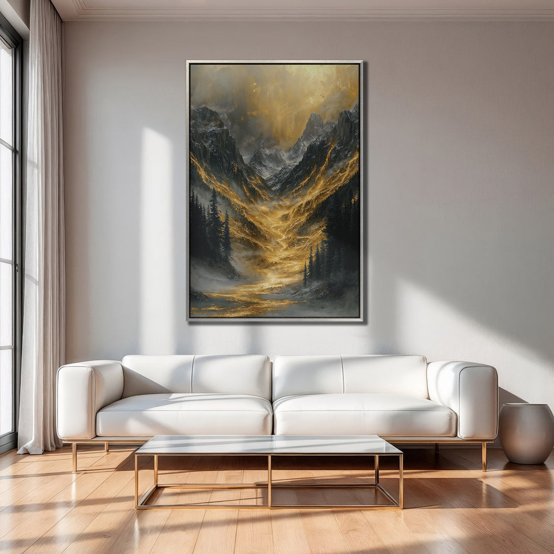Framed Wall Art: Majestic mountain landscape in gold and gray tones. Elevate your space with this stunning canvas print. Modern art for any room.