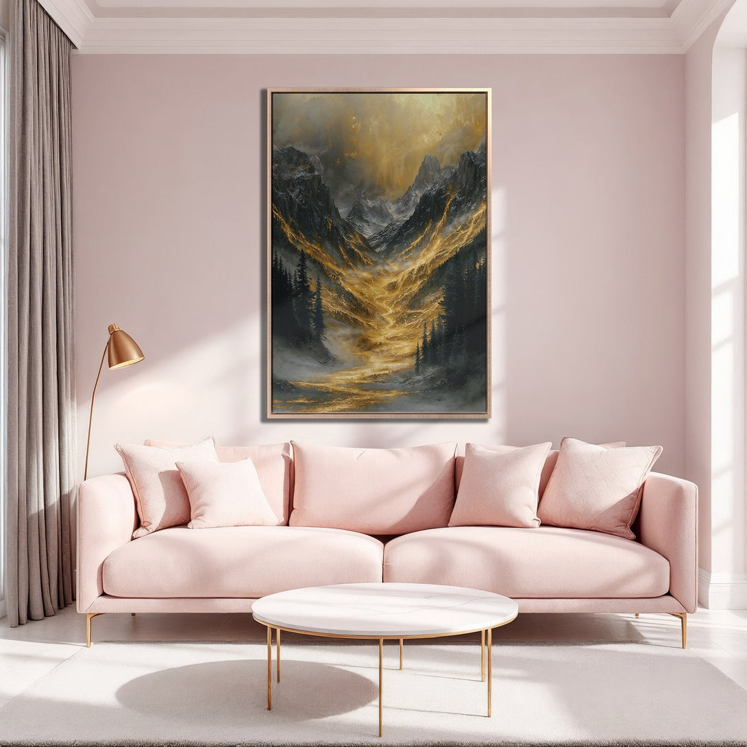 Framed Wall Art: Majestic mountain landscape in gold and charcoal tones. Modern canvas print adds a touch of luxury to any interior. Shop now!