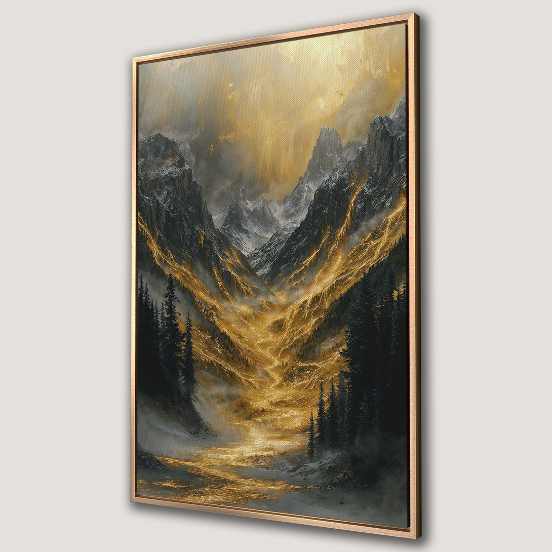 Framed Wall Art: Majestic mountain landscape Canvas Print. Dramatic art with gold and black tones, perfect for modern home decor.