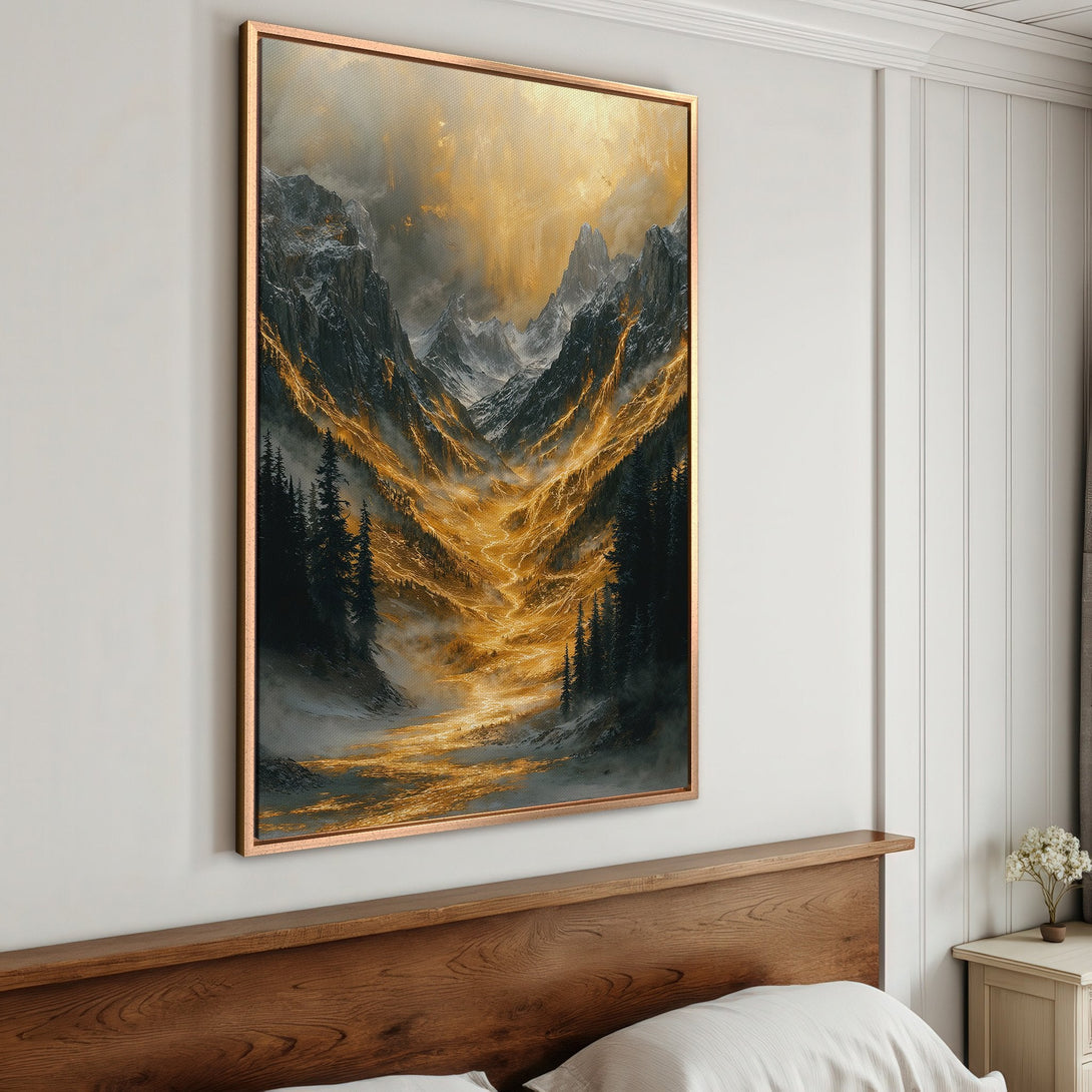 Framed Wall Art: Majestic mountain landscape Canvas Print with a warm gold and charcoal color palette. Perfect for adding a touch of nature-inspired elegance to your home.