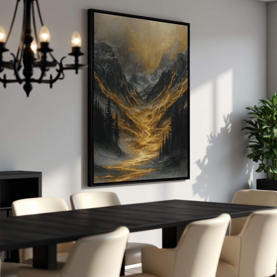 Framed Wall Art: Stunning mountain landscape canvas print in black and gold, perfect for modern home decor. Adds a touch of elegance to any room.