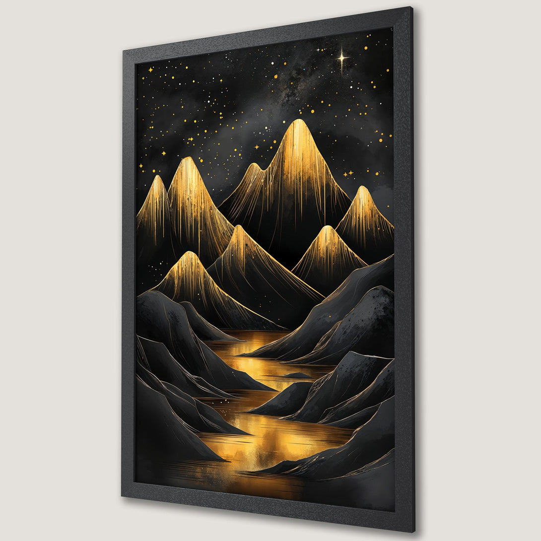 Framed Poster featuring a mountain landscape in a watercolor style with a black, gold, and dark palette. Perfect wall art!