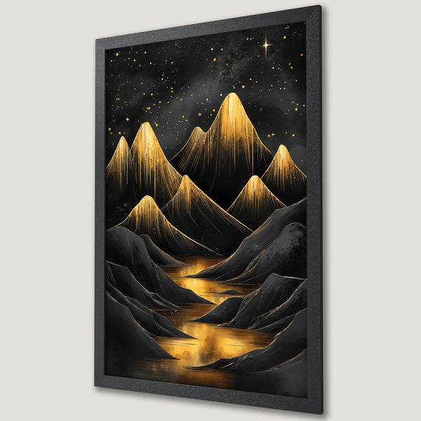 Framed Poster featuring a mountain landscape in a watercolor style with a black, gold, and dark palette. Perfect wall art!