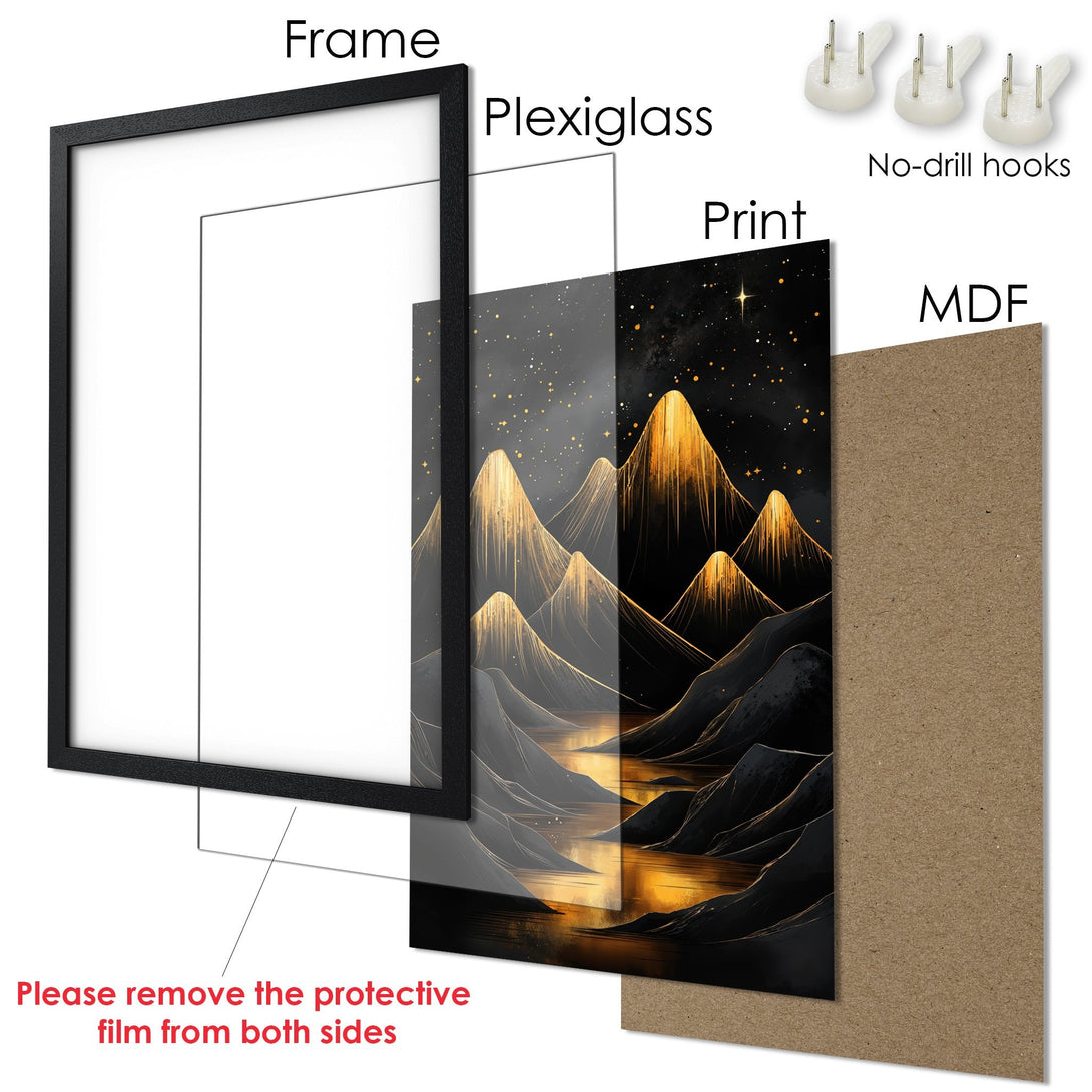 Framed Poster featuring a mountain landscape in a gold and black color palette. Ready to hang art.