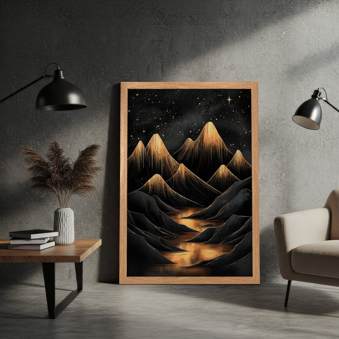 Framed Poster featuring a stylized mountain landscape in black, gold, and dark tones. Perfect wall art for any home!