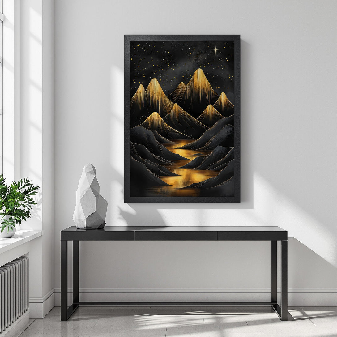 Framed Poster featuring a stunning gold and black mountain landscape art print. Perfect wall decor for any room!