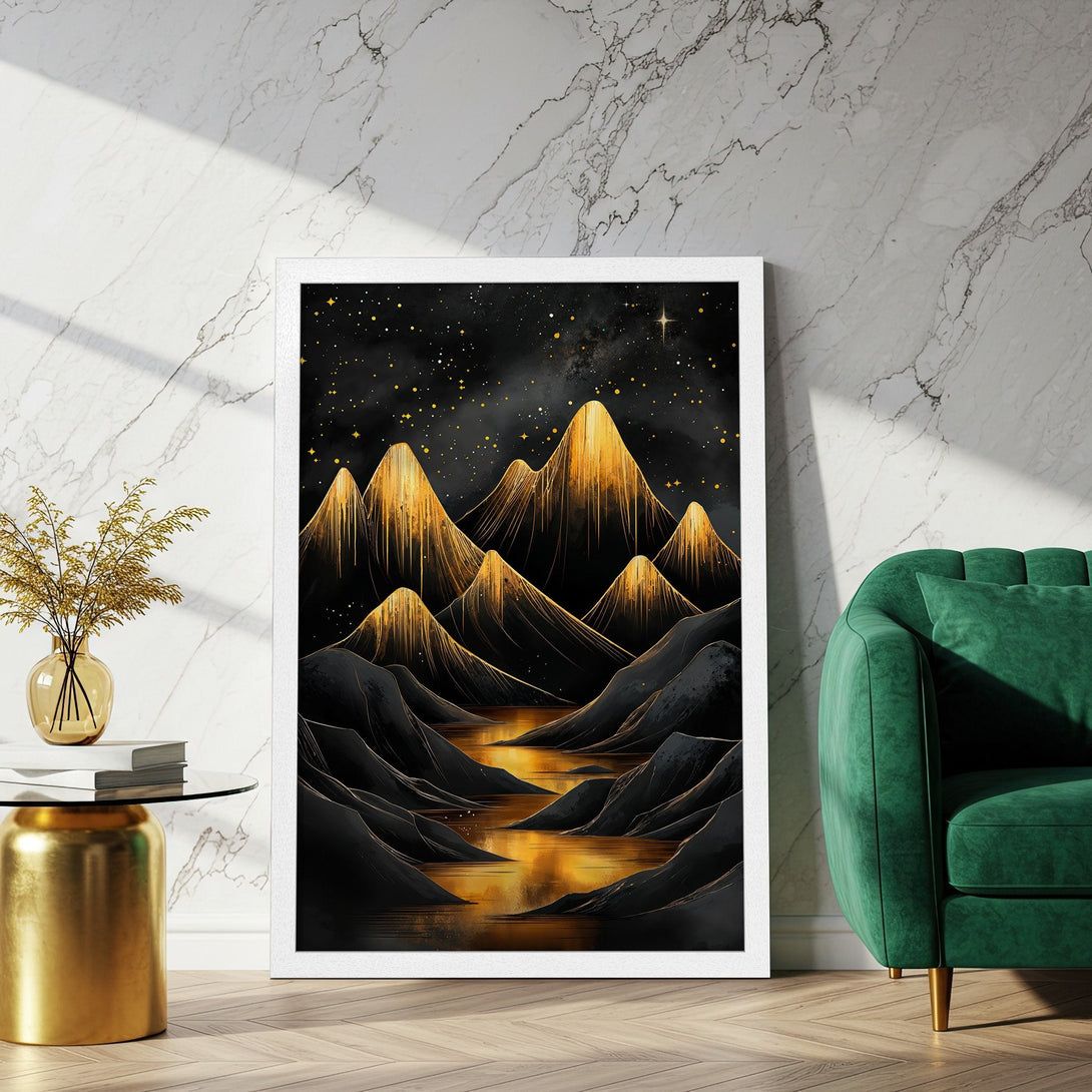 Framed Poster featuring a golden mountain landscape art print. Modern style with black, gold, and dark tones. Perfect home decor.