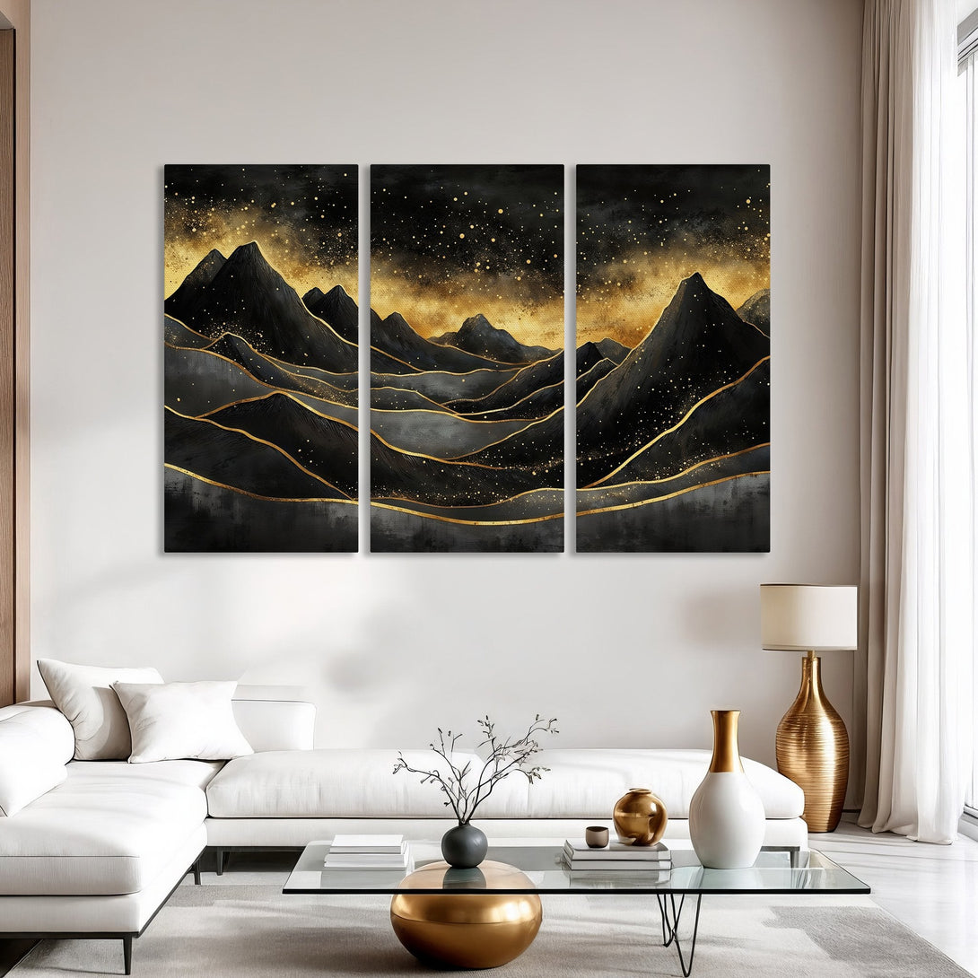 Abstract mountain Canvas Print in black, gold, and gray, perfect for modern home decor. Enhance your space with this stunning artwork!