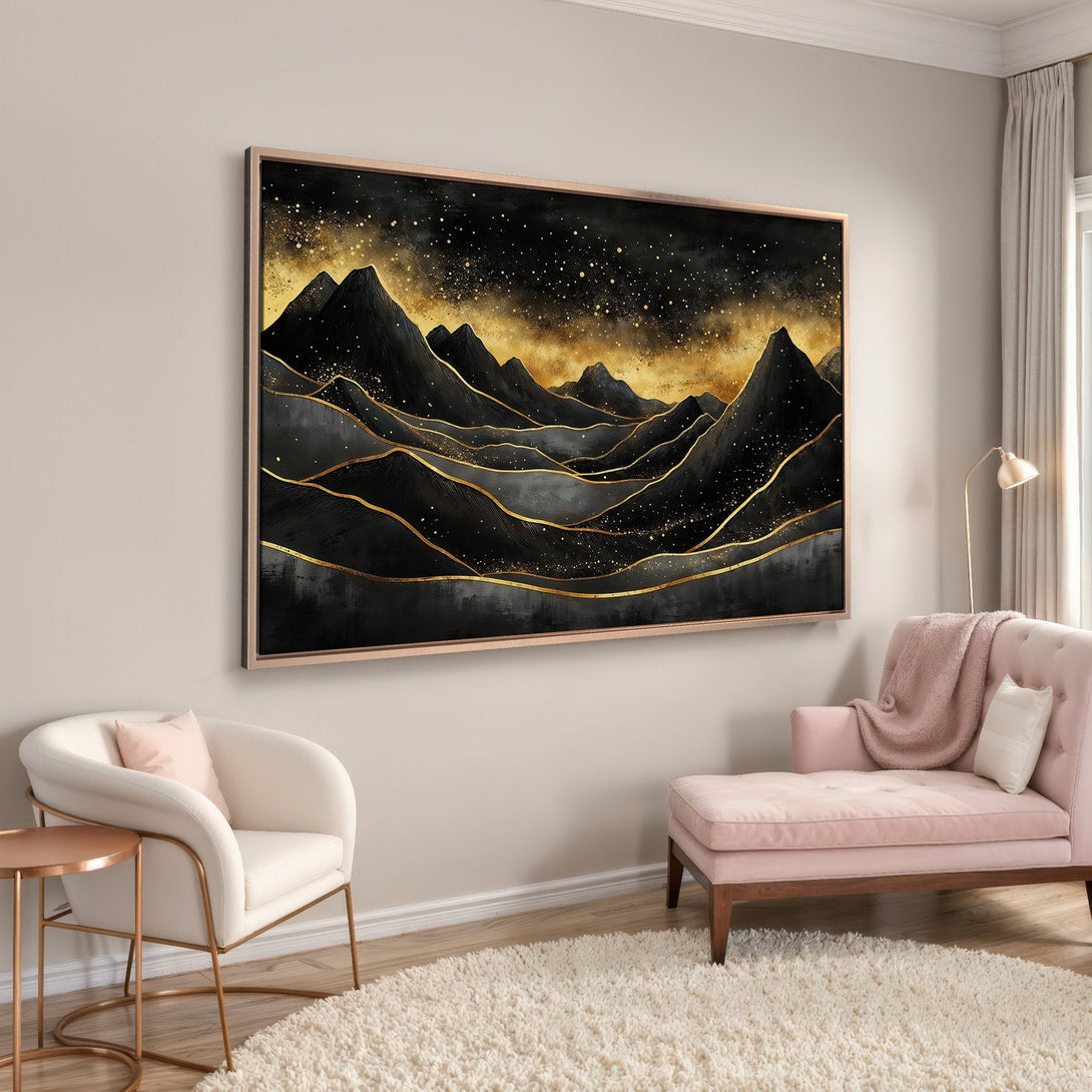 Framed Wall Art: Abstract mountain landscape in black and gold. Modern art piece with a luxurious, elegant style. Perfect for home decor.