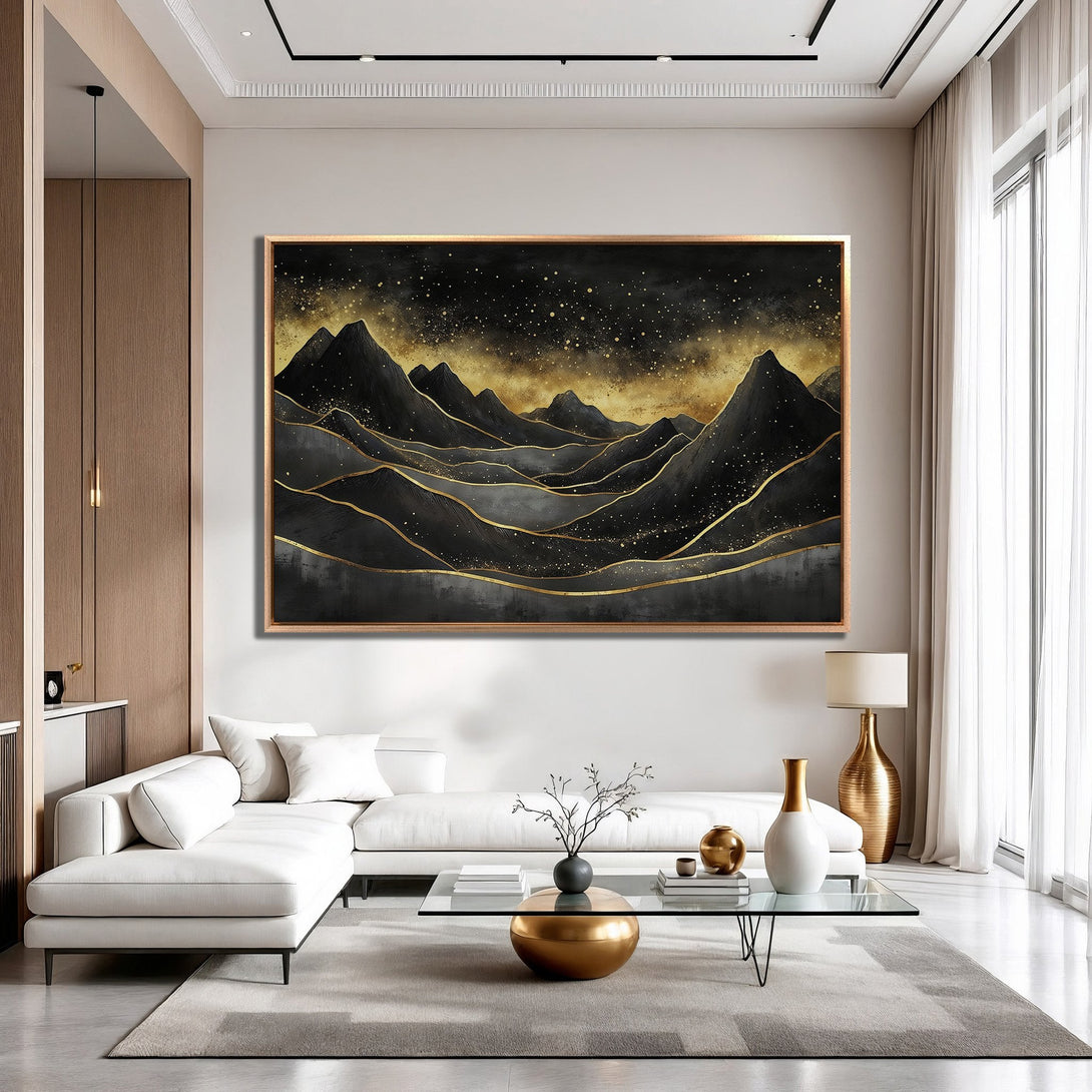 Framed Wall Art: Abstract mountain landscape in black, gold, and gray. Modern art canvas print for a stylish interior.