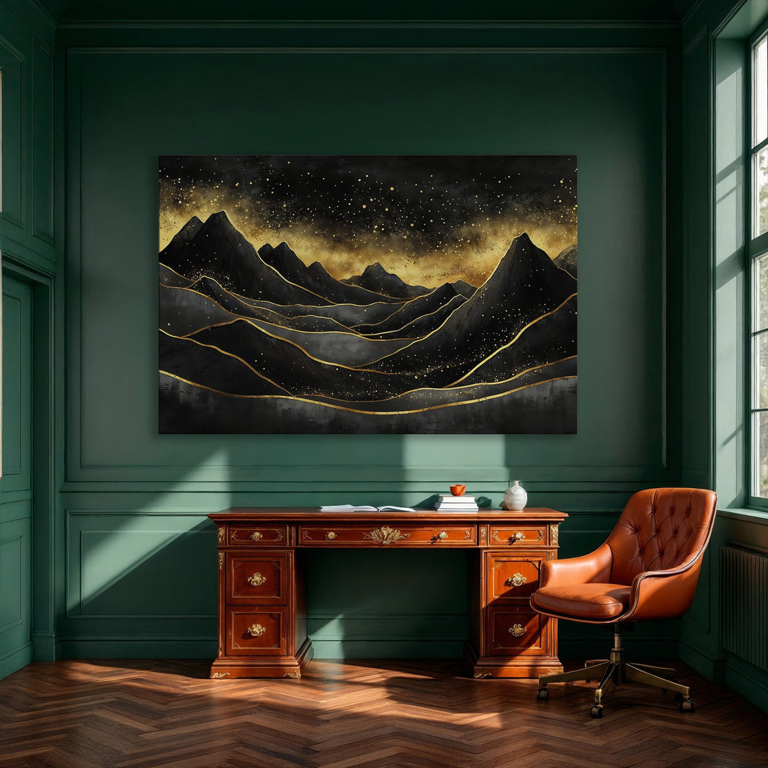 Framed Wall Art: Abstract mountain landscape Canvas Print in black and gold, adding a touch of luxury to any dining room decor.