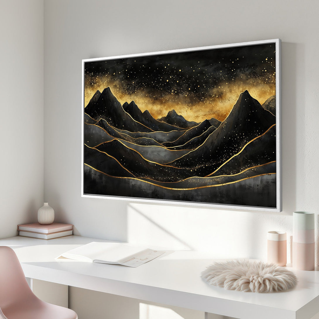Framed Wall Art: Stunning black & gold mountain landscape canvas print. Modern abstract art with a luxurious, elegant touch. Perfect home decor accent.