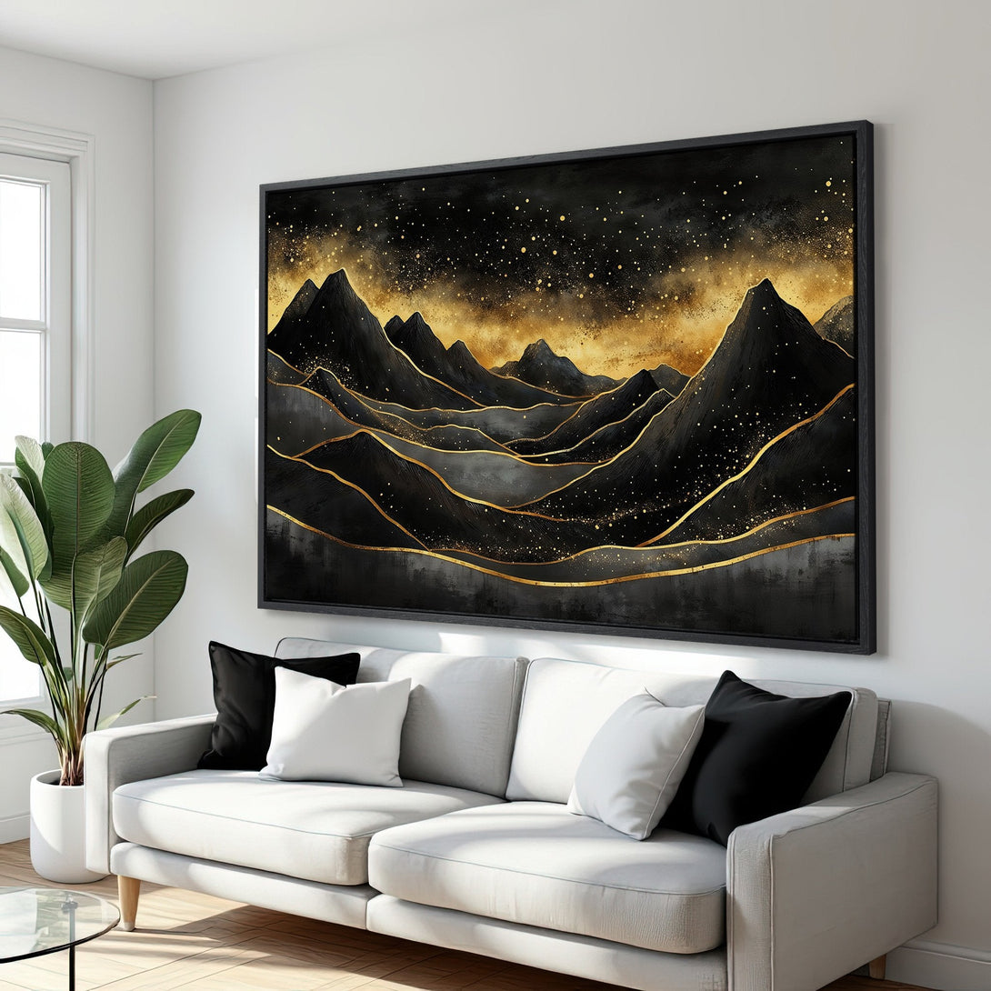 Framed Wall Art: Abstract mountain landscape in black and gold. Modern art canvas print adds a touch of elegance to any interior.