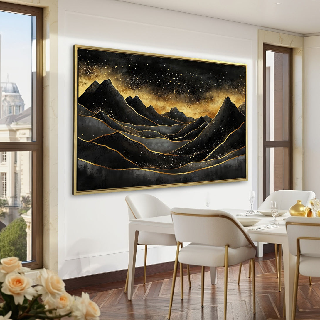 Canvas Print of abstract mountain landscape in black and gold, displayed in a luxurious interior with a dark green color scheme.