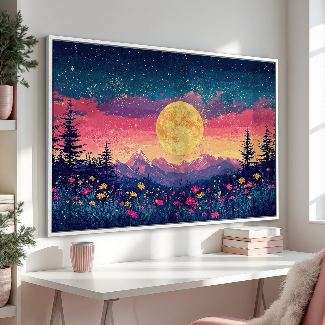 Framed Wall Art: Stunning landscape Canvas Print with a vibrant sunset, moon, and floral meadow in a dreamy, colorful style. Perfect wall decor!