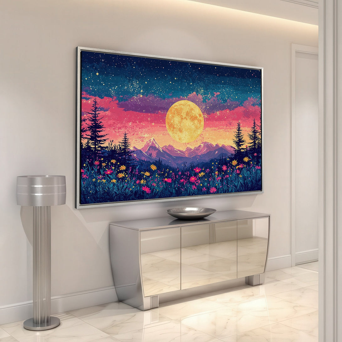Framed Wall Art: Stunning moonlit landscape Canvas Print with vibrant pink, blue, and yellow hues. Perfect for adding a touch of magic to your home decor.