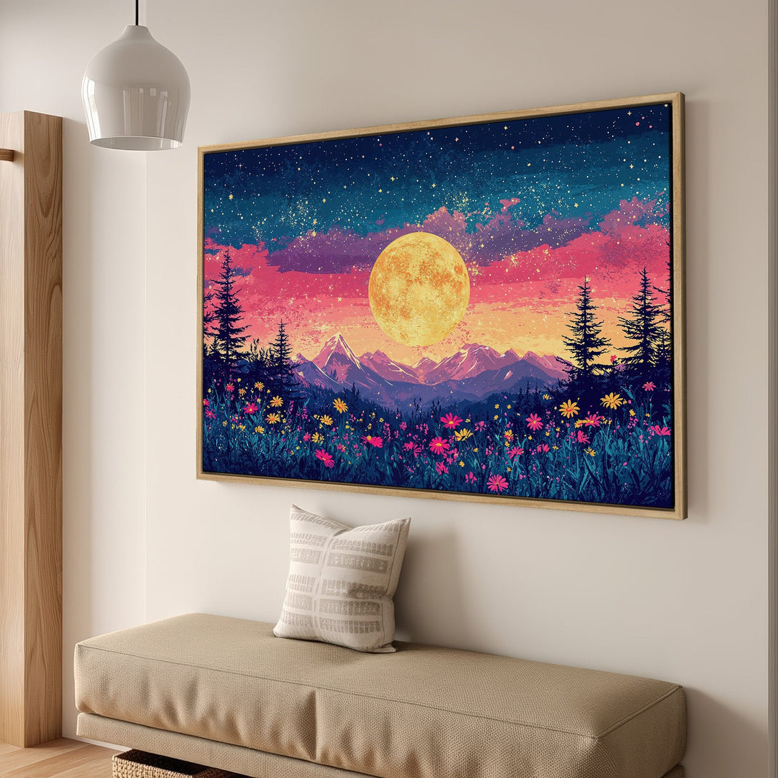 Framed Wall Art: Vibrant landscape Canvas Print featuring a moonlit mountain scene with a colorful sky. Perfect for adding a pop of color to your home decor!