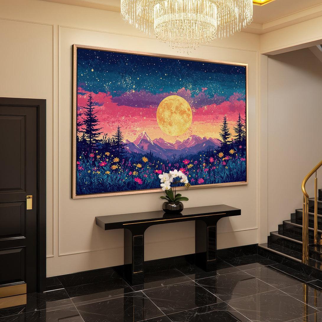 Framed Wall Art featuring a vibrant moonlit landscape with a colorful sky. Modern art style, perfect for adding a pop of color to any space.