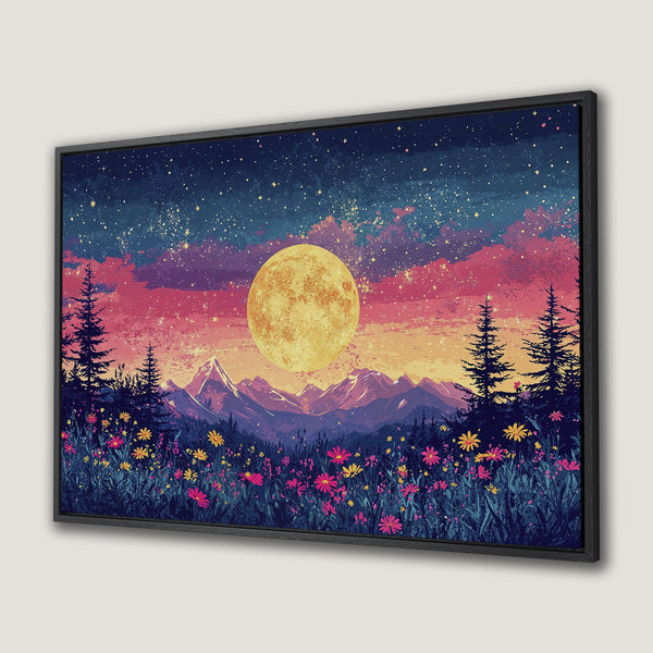 Canvas Print featuring a dreamy landscape with a full moon, mountains, and colorful wildflowers. Vibrant pinks, blues, and yellows create a stunning art piece.