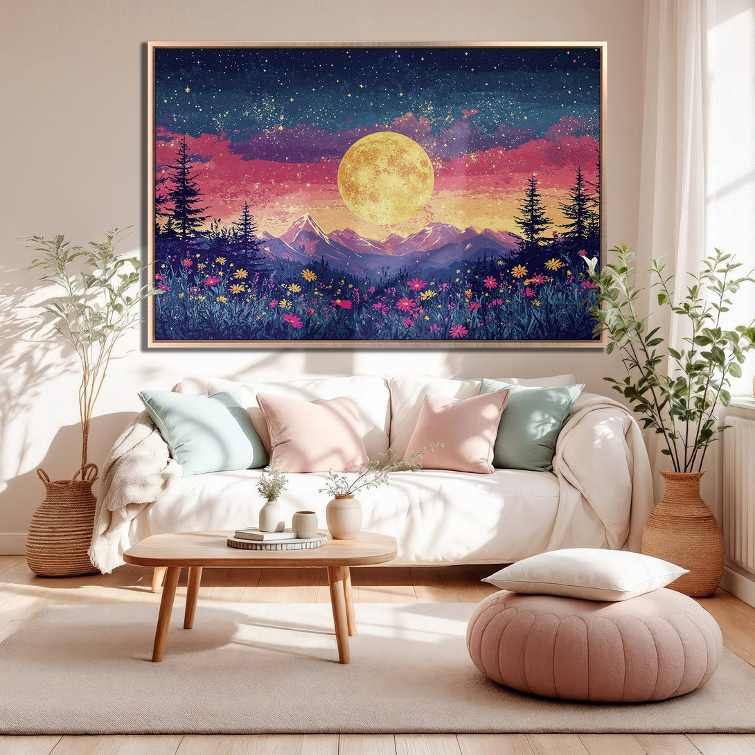 Framed Wall Art: Stunning moonlit landscape Canvas Print. Vibrant colors of pink, purple, and yellow create a dreamy, artistic style. Perfect for any home decor.