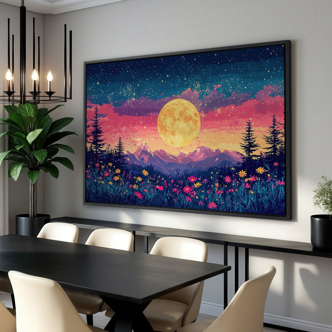 Framed Wall Art: Vibrant landscape canvas print with a colorful sunset, moon, and mountains. Modern art in a dining room setting.