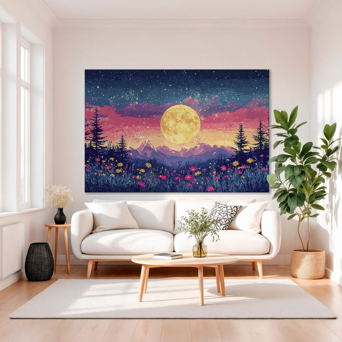 Framed Wall Art: Vibrant landscape Canvas Print of moonlit mountains, trees, and flowers. Rich blues, pinks, and yellows create a stunning, dreamy scene.